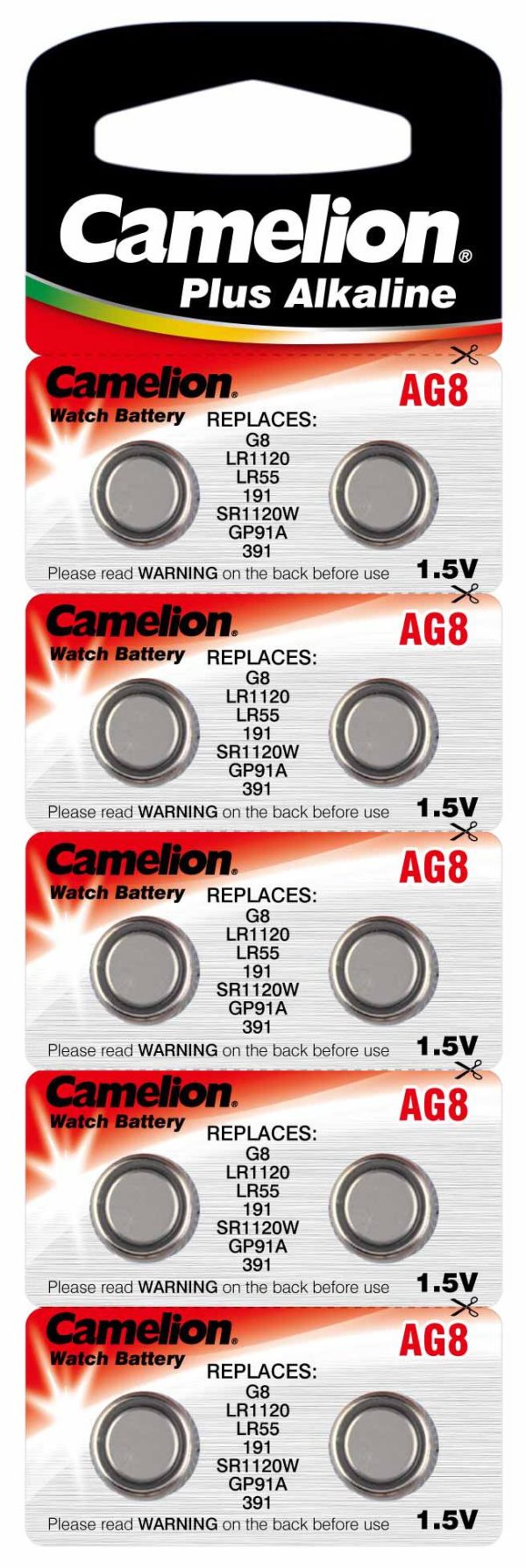 Blister 10 piles AG 8 Camelion / LR55 / LR1121 / 391 0% mercure