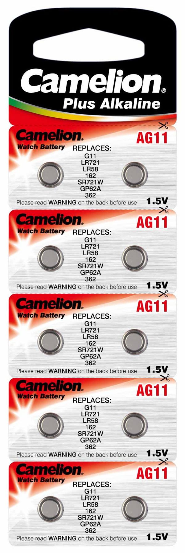 Blister 10 piles AG 11 / LR58 / LR721 / 362 Camelion 0% mercure