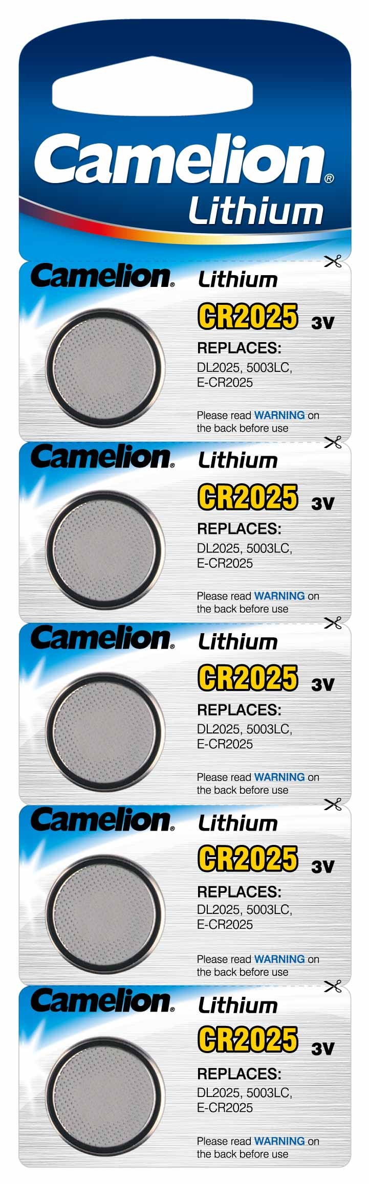 Blister de 5 piles boutons rondes au Lithium CR-2025 3V Camelion