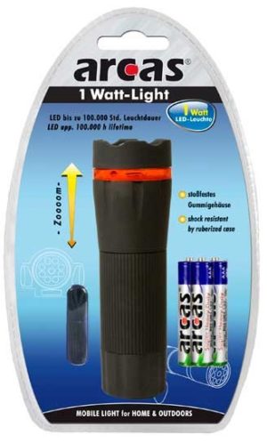 Arcas Torche ARC-1 Watt Zoom LED / 1 Ultra puissante LED avec 3 piles AAA