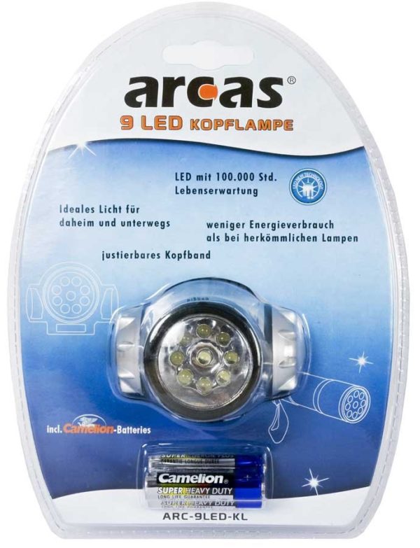 Arcas Lampe frontale ARC-9 LED-HL avec 9 LED avec 3 x piles AAA