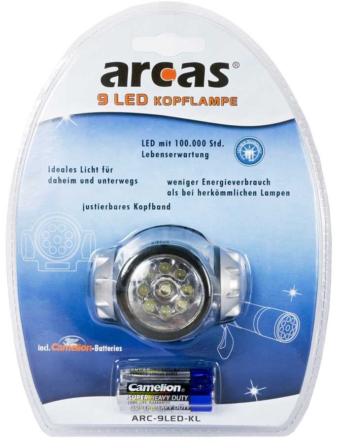 DESTOCKAGE Arcas Lampe frontale ARC-19LED-HL avec 19 LED avec 3 x piles AAA