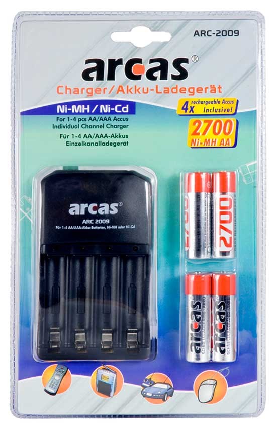 Arcas 4 piles AA Arcas 2700 mAh et Chargeur à 4 led pour charger