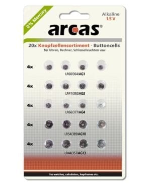 20 piles boutons alcalines mixte Arcas